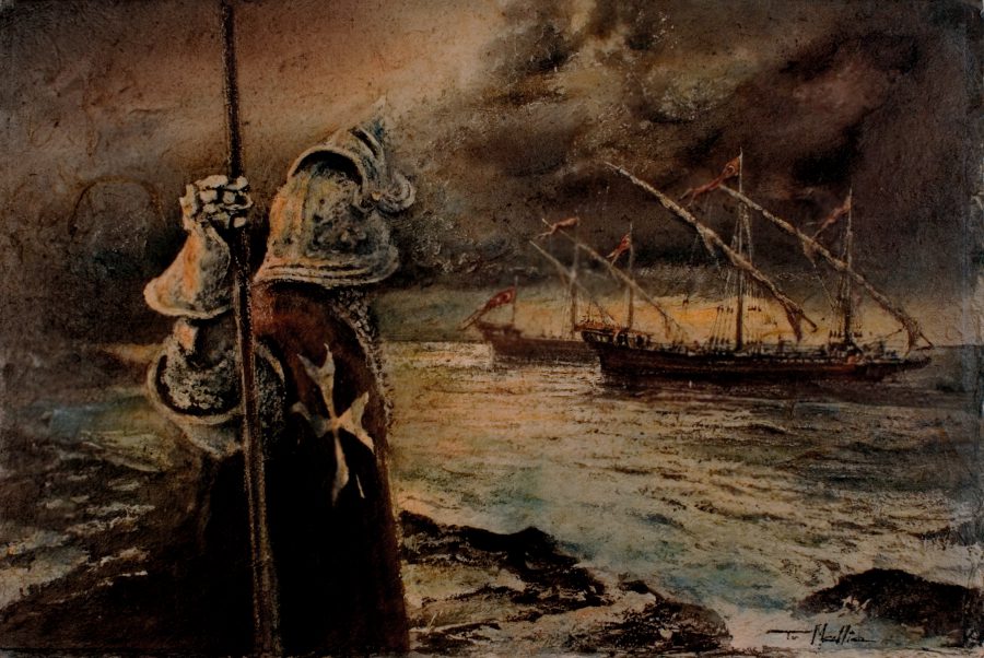 Corsairs Off Maltese Shores, 55 x 80 cm, Mixed Media